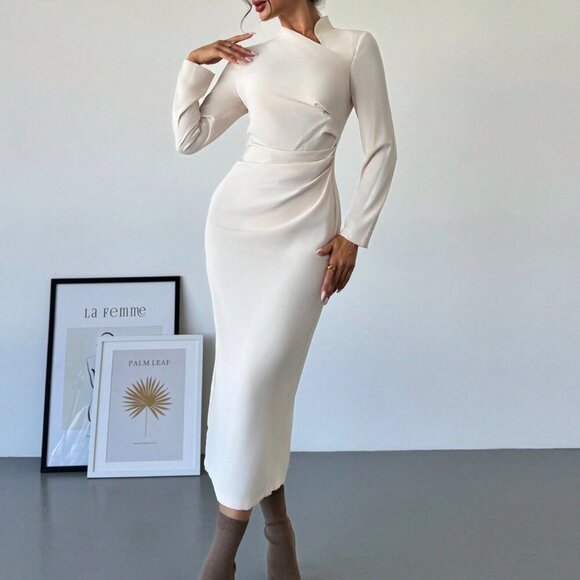 Apricot Elegant Women's Asymmetric Collar Long Sleeve Maxi Dress - Picture 5 of 6